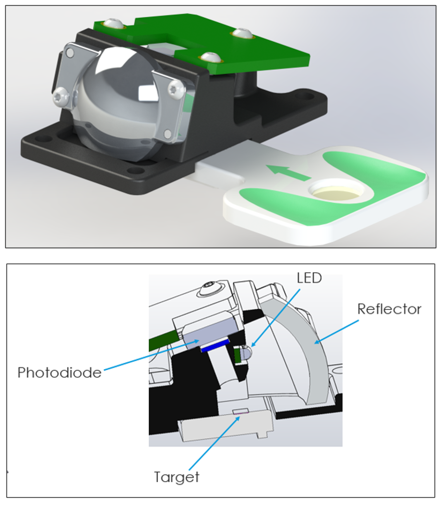 Representación 3D y sección transversal del motor óptico con cartucho insertado