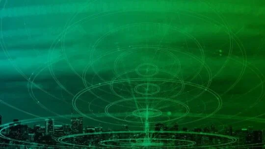 communication signals traversing the sky above buildings